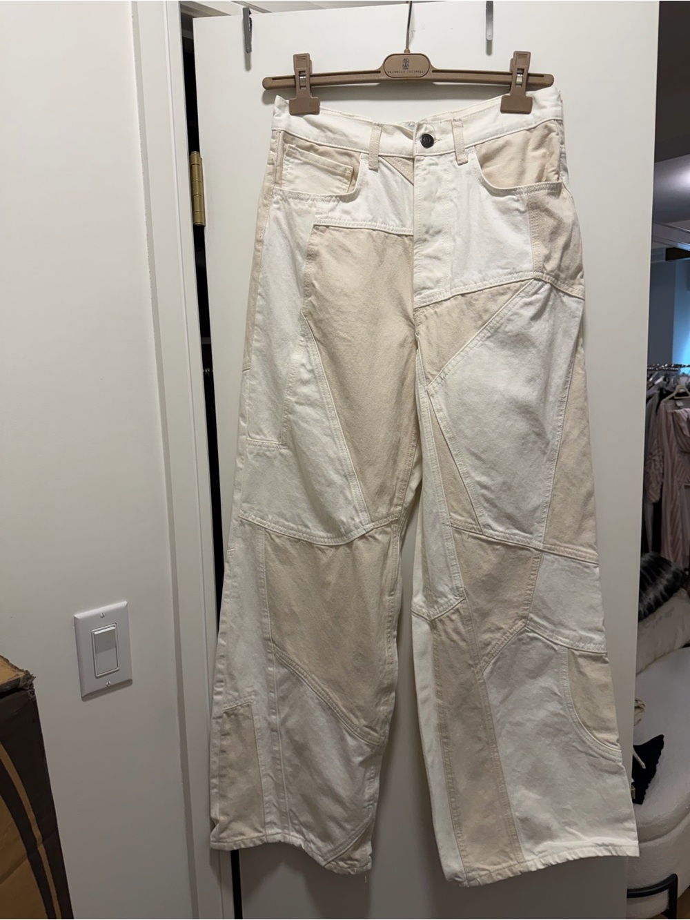 Zara Patchwork Wide-Leg Jeans in White and Cream - Sz 6